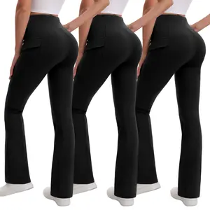 3PCS Women's High-Waisted Flare Yoga Pants with Dual Side-Flap Pockets Butt-Lifting Activewear for Fitness & Casual Wear Relaxed Bootcut Fit Leggings