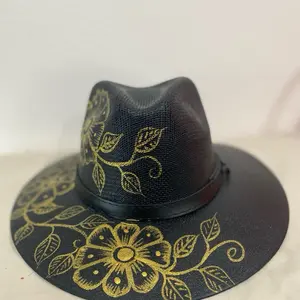 Women's Hat Hand Painted in Gold Flowers Elegant Black Fedora with Golden Floral Design