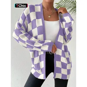Women's Checkerboard Print Drop Shoulder Cardigan, Casual Fit Long Sleeve Open Front Knitwear for Fall & Winter, Women's Knit Clothing for Daily Wear