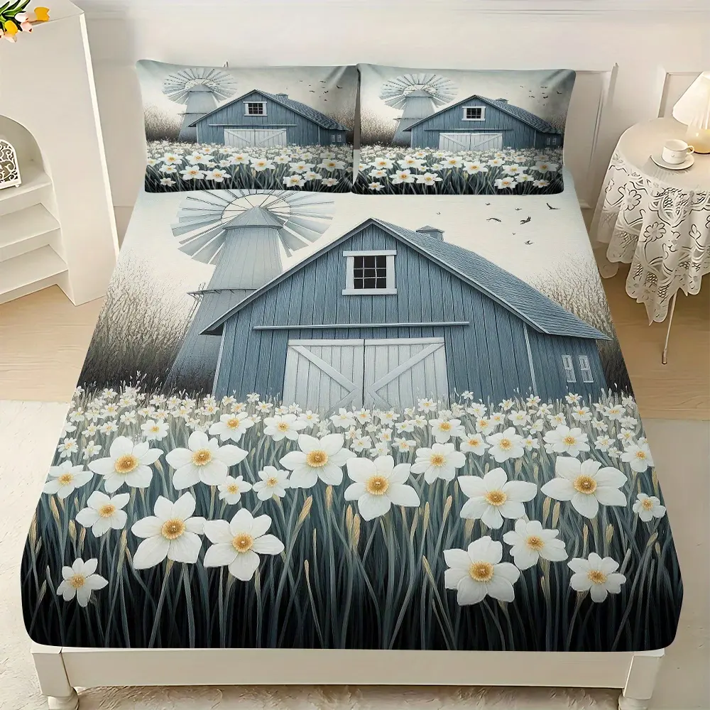 3PC Barn Door Soft Breathable Bed Sheet Set, Garden Bed Fitted Sheet Three-Piece Set (1*Fitted Sheet + 2*Pillowcases, No Core), Suitable for Bedroom, Guest Room, Apartment, School, Four Seasons Bedding, Breathable, Machine Washable, Comfortable, Multi-Fun