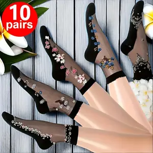 Women's security clothing 10 Pairs Ultra-Thin Transparent Floral Pattern Mid-Calf Women's Lace Elastic Stockings - Soft and Lightweight Tights