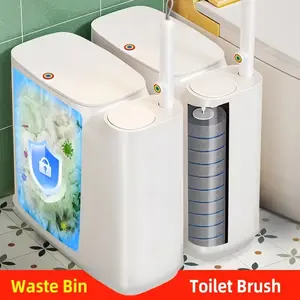 2-In-1 Trash Can with 74 Toilet Brush , Bathroom Trash Can with Lid, Trash Can Set with 12/34/74 Replacement Brush Heads, White Rectangular Press Trash Can, Modern Bathroom Narrow Seam Trash Can, Space-Saving, Floor Mount, Keep The Air Fresh