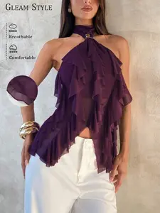 Women's Summer Sleeveless Halter Ruffle Top, Casual Plain Design, Perfect for Daily Wear & Stylish, Comfortable Women's Tops, Womenswear