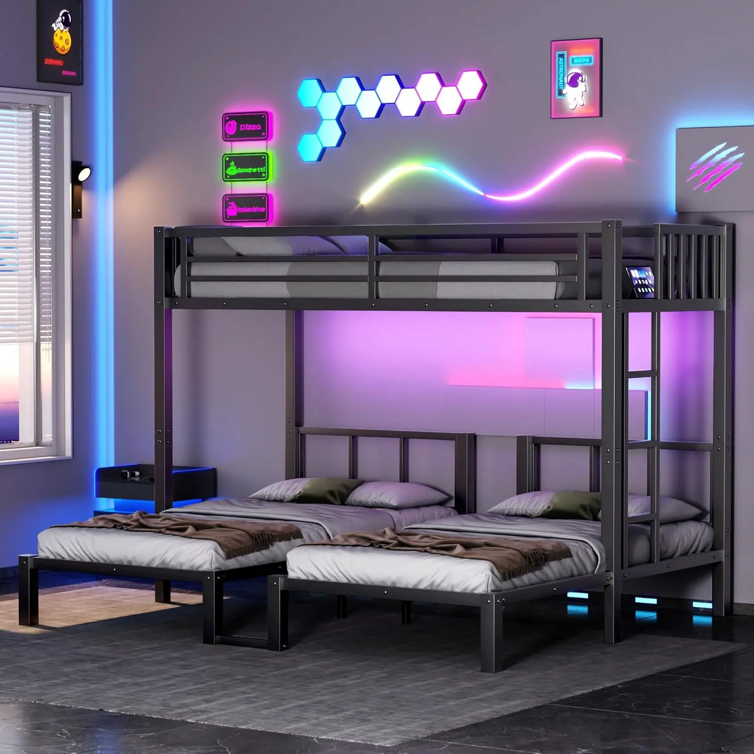 Triple Bunk Bed Frame for 3 Kids, Metal Twin Over Twin Bunk Beds with Guardrails and Ladder, Detachable Triple Bed (Twin/Twin, Black)