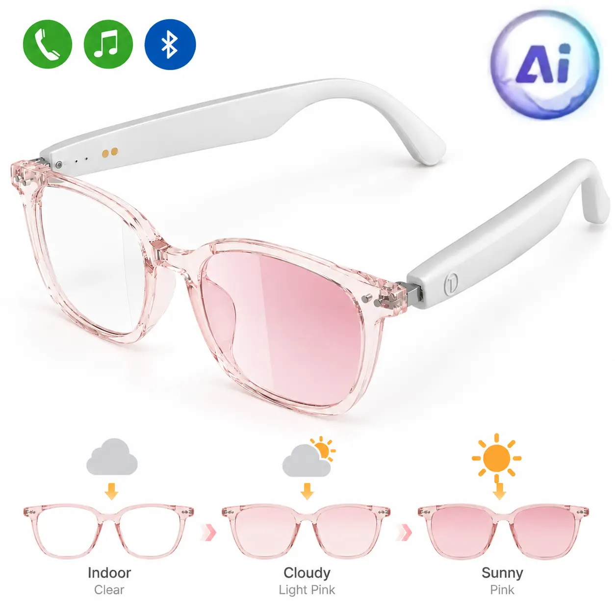 VUB Statement Wireless Smart Glasses for Women, Wearable Tech Glasses with Stylish Casual Colorful Frames, Photochromic Polarized Pink Lenses - Light Pink Frames, 100+ Language Translation, Bluetooth Calls, Music & Blue Light Protection