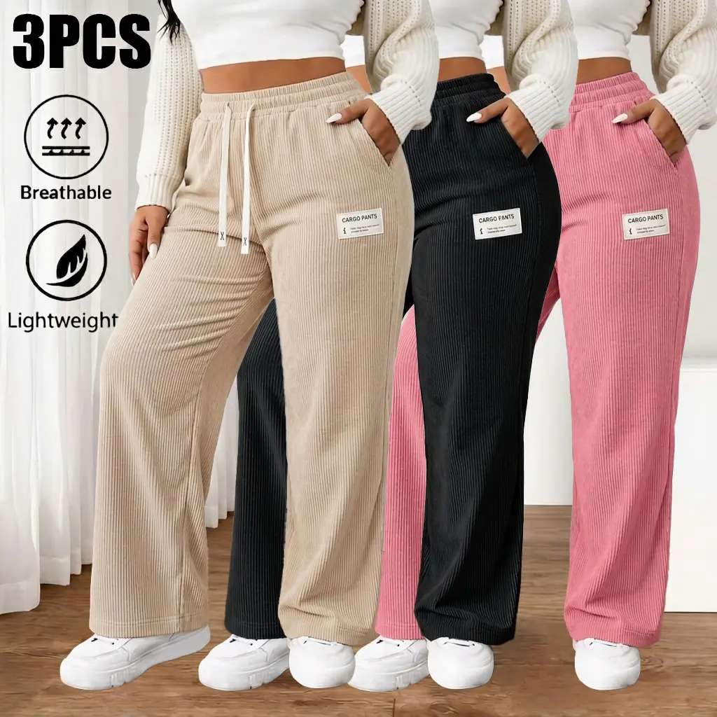 Women's 3-Pack Corduroy Wide Leg Pants - Chic, Adjustable Elastic Drawstring High Waist, Baggy Drapey Cut, Comfortable Fit, Polyester Fiber for Casual Outdoors, Back to School
