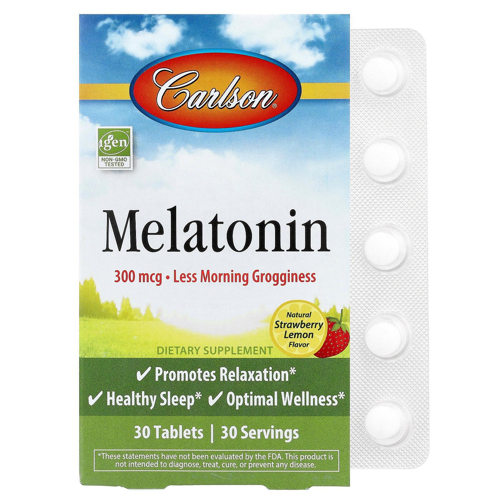 Carlson Melatonin, Natural Strawberry Lemon, 300 mcg, 30 Tablets
