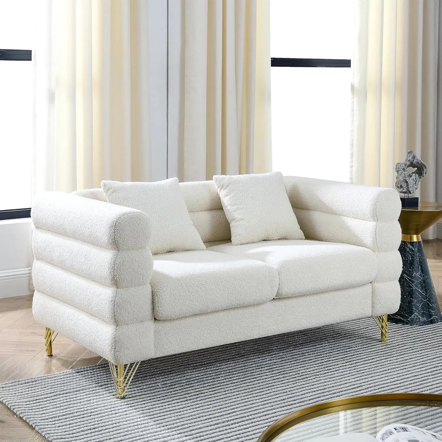 60Inch Oversized 2 Seater Sectional Sofa, Living Room Comfort Fabric Sectional Sofa Deep Seating Sectional Sofa, Soft Sitting with 2 Pillows for Living Room, Bedroom White Teddy(Ivory)