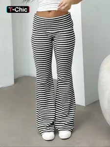 Women's Striped Flare Pants, Elastic Waist Knit Leggings, Casual Street Style, Comfortable Daily Wear, Fashion Trendy Bottoms, Casual Fashion Trousers