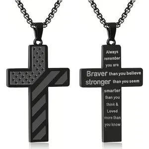 Stainless Steel Cross Necklace with Bible Verse & American Flag Pendant – Bold Faith-Inspired Men’s Jewelry Gift