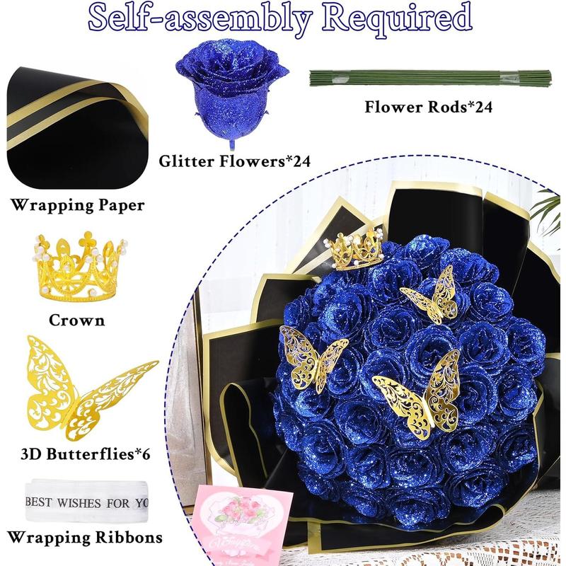 Glitter Roses Bouquet, DIY  Glitter  Bouquet, Everlasting Shiny Artificial Blue Rose Bouquet, Anniversary, Engagement, Wedding,24 Roses