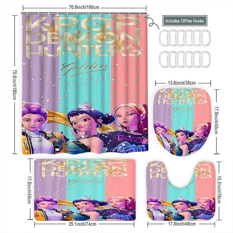 Creative K-Pop Demon Hunters Shower Curtain Set, Bathroom Accessories Kit with Mat, Toilet Lid Cover, Hooks, Two Sizes Available