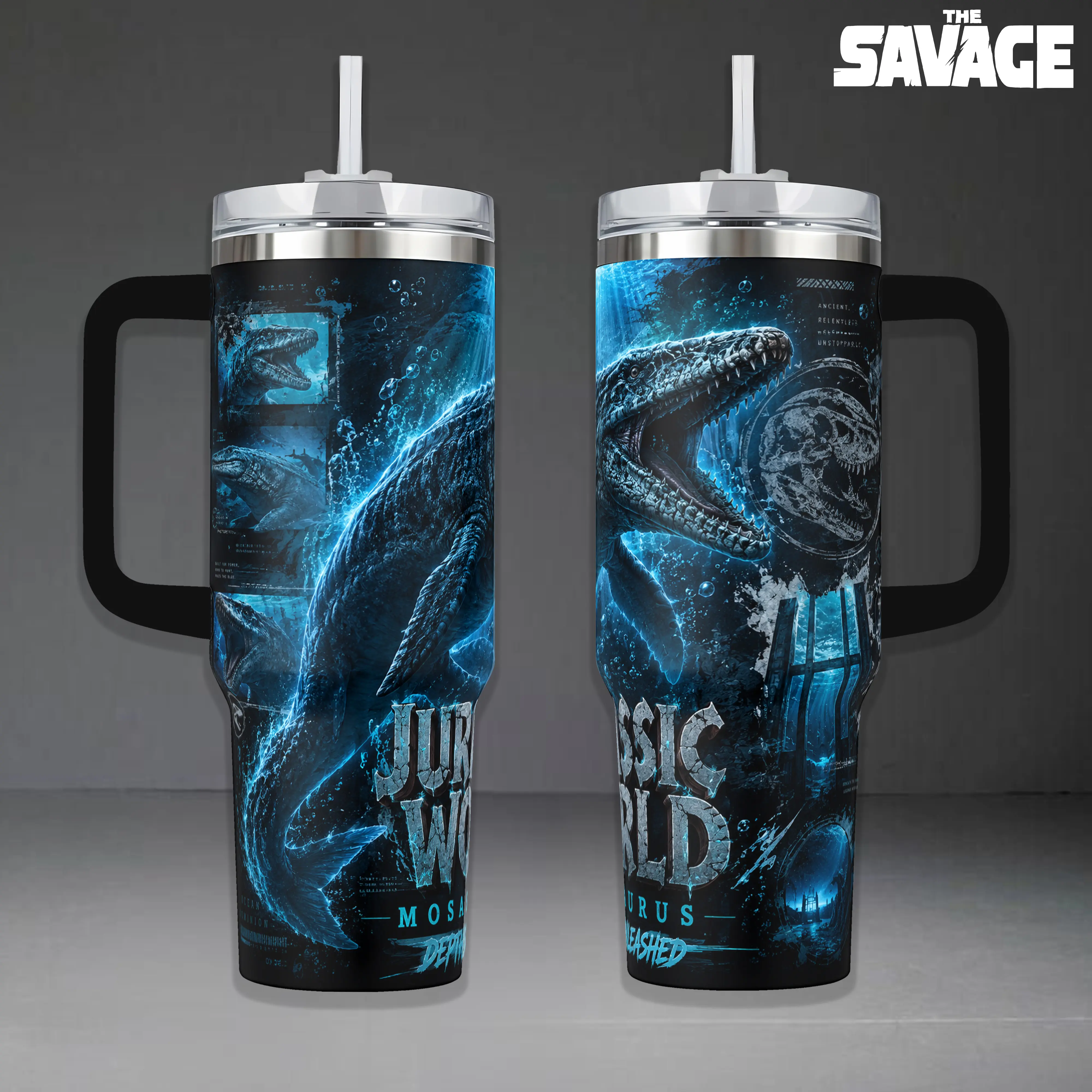 Jurassic World Depths Unleashed Insulated Tumbler - 20oz/40oz Portable Reusable Printed Travel Mug with Handle, Straw, Lid, Mosasaurus Deep Ocean Art, Prehistoric Dinosaur Fan Merchandise, Gift for Movie Lovers