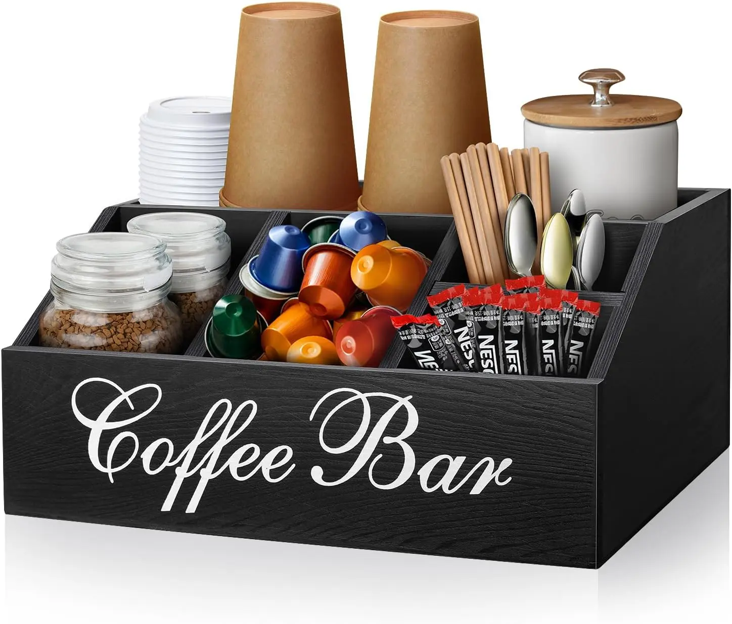Wood Coffee Station Organizer for Counter | Farmhouse Coffee Bar Organizer | Coffee Pods Holder Bar Accessories | Tea Condiment Storage Basket | Home Decor