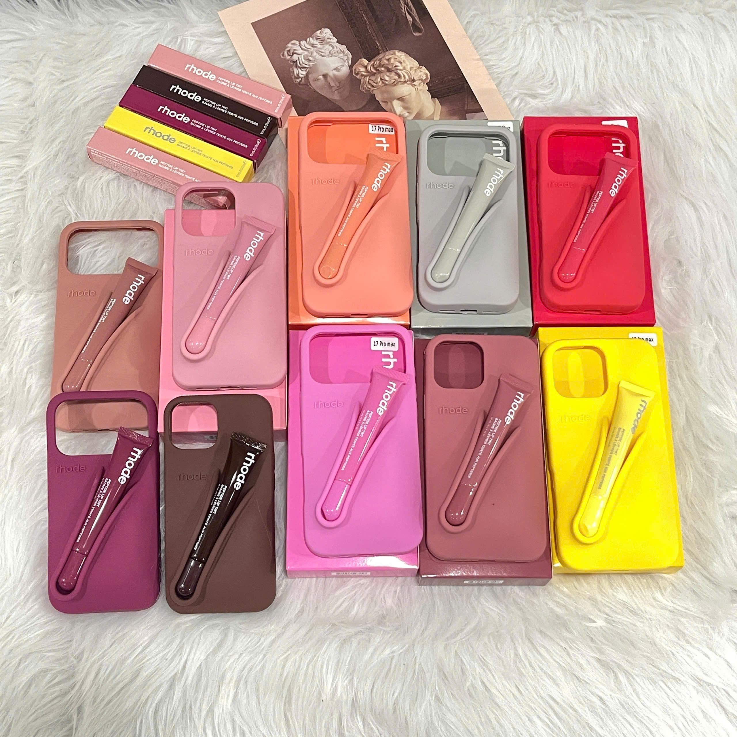 (Deal for you) Rhode Phone Case With Box and Lip Gloss Set Silicone Case for iPhone 17 16 15 14 13 12 11 Pro Max Plus Lipstick Toast Espresso Ribbon Cover