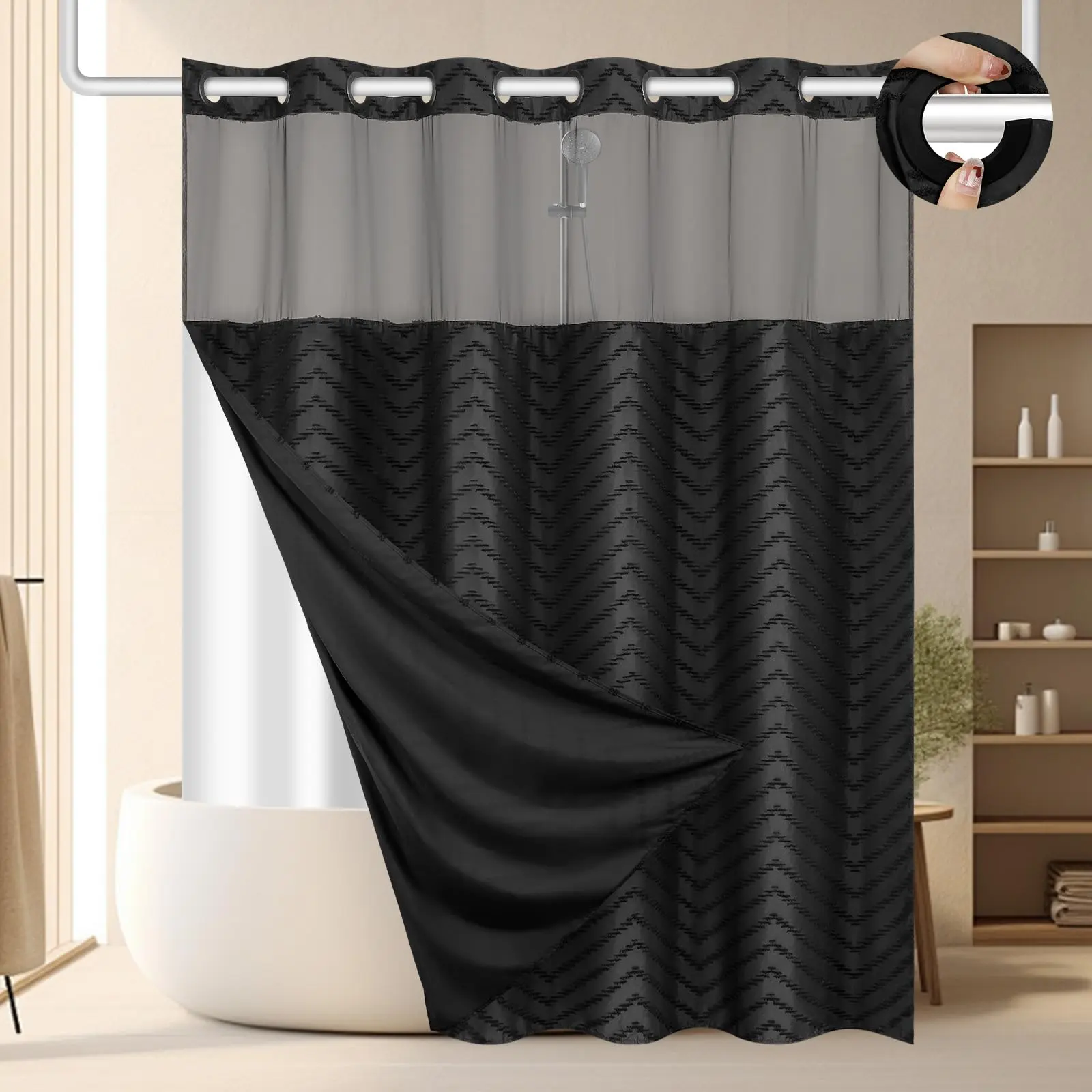 Black No Hook Shower Curtain with Snap-in Liner, Double Layer Waterproof Bath Curtain, Mesh Top Window, Easy Install Bathroom Decor 72*75 inch