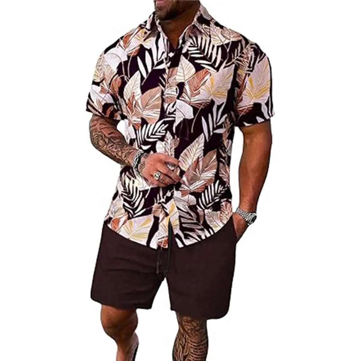 Men’s Tropical Casual 2-Piece Menswear Set - Short-Sleeves V-Neck Shirt & Shorts, Colorful Flowers Summer Vacation Beachwear (2XS-6XL)