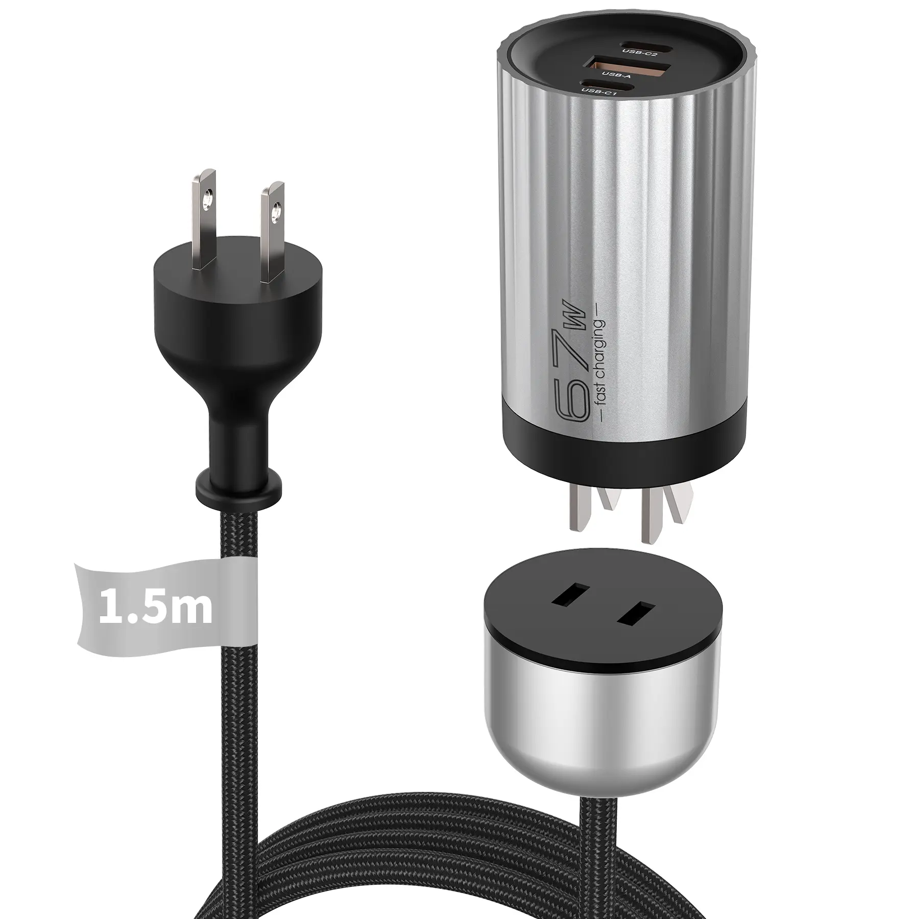 67W GaN Detachable Charging Block, 2 USB-C + 1 USB-A Ports, 1.5m Nylon Extension Cable, High-Speed Electronic Charger for Mobile Smartphone, Compatible with iPhone, iPad, MacBook, Samsung