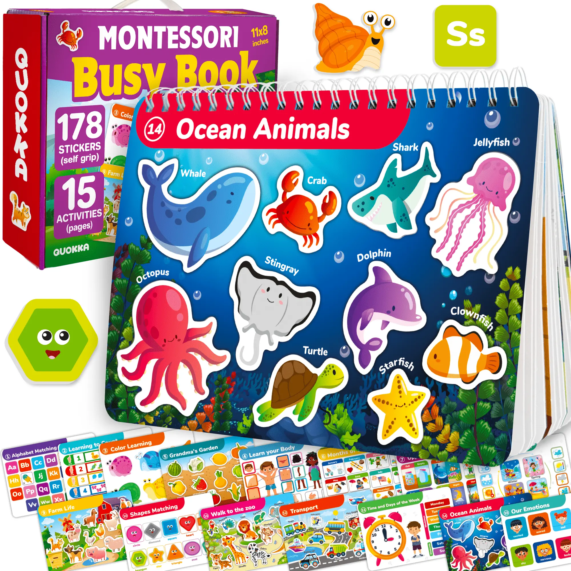 QUOKKA Montessori Unisex Toddler Activity Board Flash Cards & Busy Board Flash Book - 178 Stickers, 15 Activity Pages, Hook-Fastener, Pre-Assembled Design, Alphabet Early Learning Toy for Ages 3-5