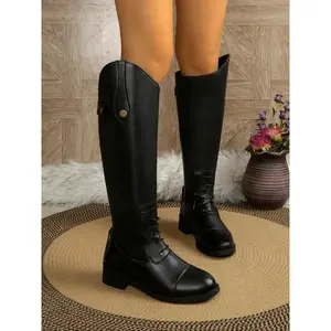 Women's High-Top Equestrian Round Toe Boots, PU Leather & Rubber Sole, Casual Style, Ankle to Knee Height, Fall Winter Fashion