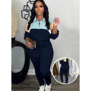 Unique Women's Two-Piece Set Knitted Zipper Jacket and Elastic Waistband Long Pants Sports Suit Two-Piece Set Pink Blue Color Block