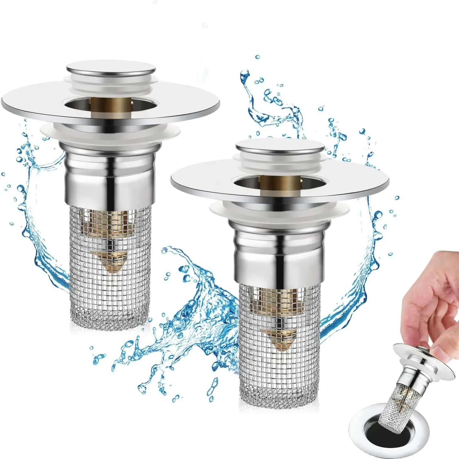 2 Pack Bathroom Sink Strainer Set, Bathroom Accessories, Bathroom Gadgets, Fits 1.06-1.50 Inches, Pop-Up Drain Filter with Removable Stainless Steel Basket Hair Collector, Universal Sink Stopper