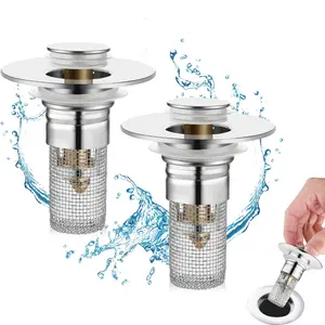 2 Pack Bathroom Sink Strainer Set, Fits 1.06-1.50 Inches, Pop-Up Drain Filter with Removable Stainless Steel Basket Hair Collector, Universal Sink Stopper