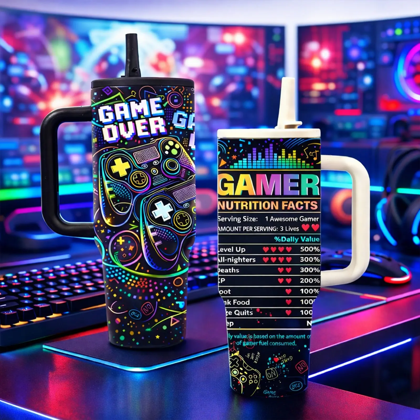 40oz Gaming-Themed Insulated Cup Leakproof Tumbler with Double-Wall Vacuum Stainless Steel, Keeps Drinks Hot for 12 Hours & Cold for 24 Hours, Leak-Proof Lid Design, Ideal Gift for Gamers & Holiday Recommendations, Drinkware Vacuum Flasks