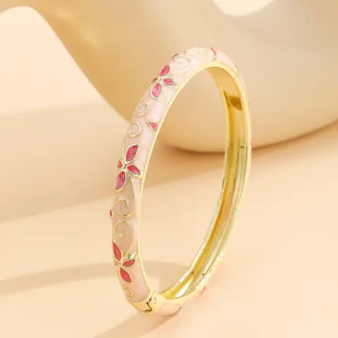 Mother's Day Gift Elegant Women's Cloisonné Bracelet, Elegant Bangle, Cuff Bangles, Zinc Alloy Chain, Oil-Drop Pattern Design, Casual Style Jewelry Gift for All Seasons, Flower Design Bracelet, Mothers Day Bracelet