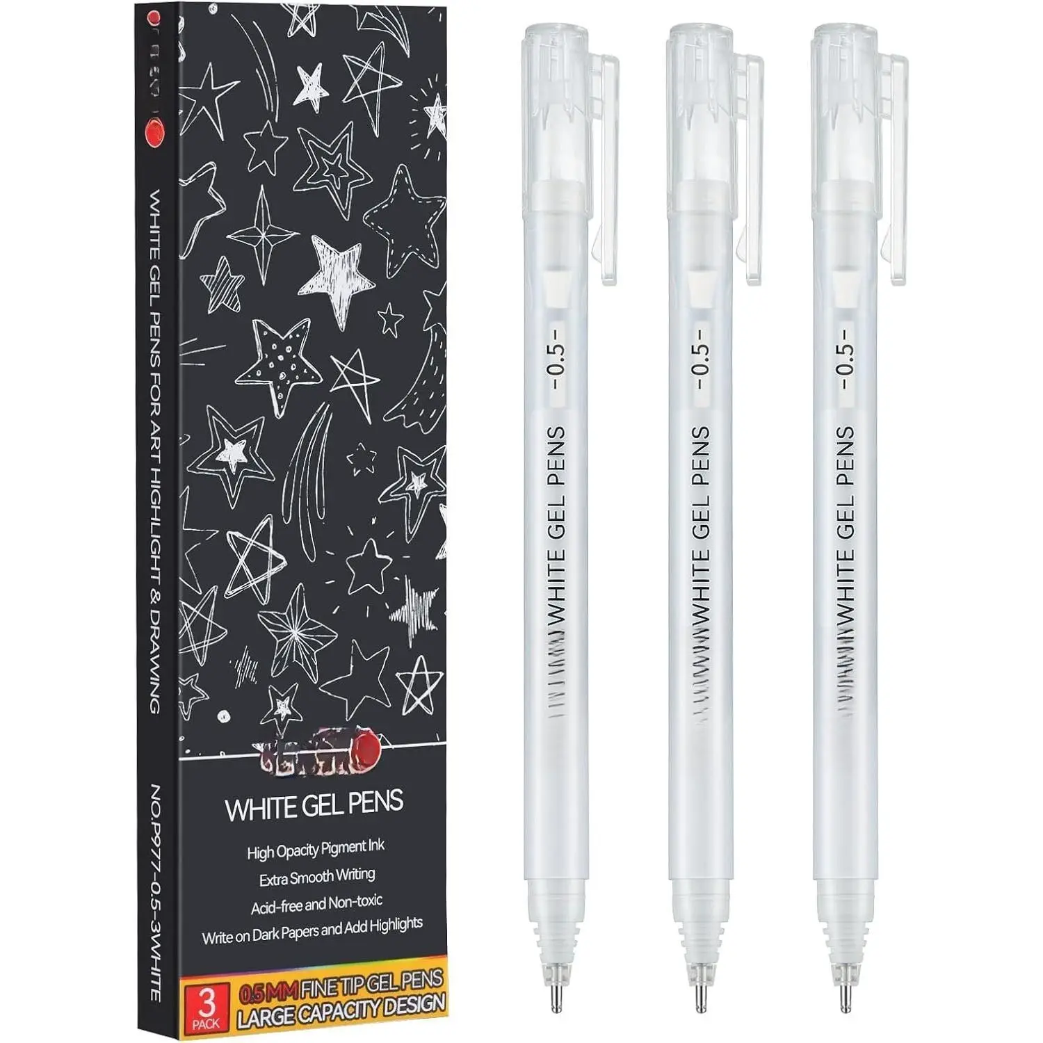 White Gel Pens, 3-Pack 0.5mm Extra Fine Point Quick-Drying Water-Based Opaque Archival Ink Pens, Large Capacity for Journaling, Art - Thanksgiving Stars Themed Artist Gifts, Office Stationery Supplies