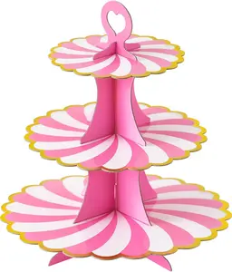 3-Tier Cupcake Stand, Cardboard Cupcake Tower, Dessert Cup Cake Stand Tower for Birthday Wedding Party Decoration, Cupcake Tier Stand 1 Set (Hot Pink Gold)