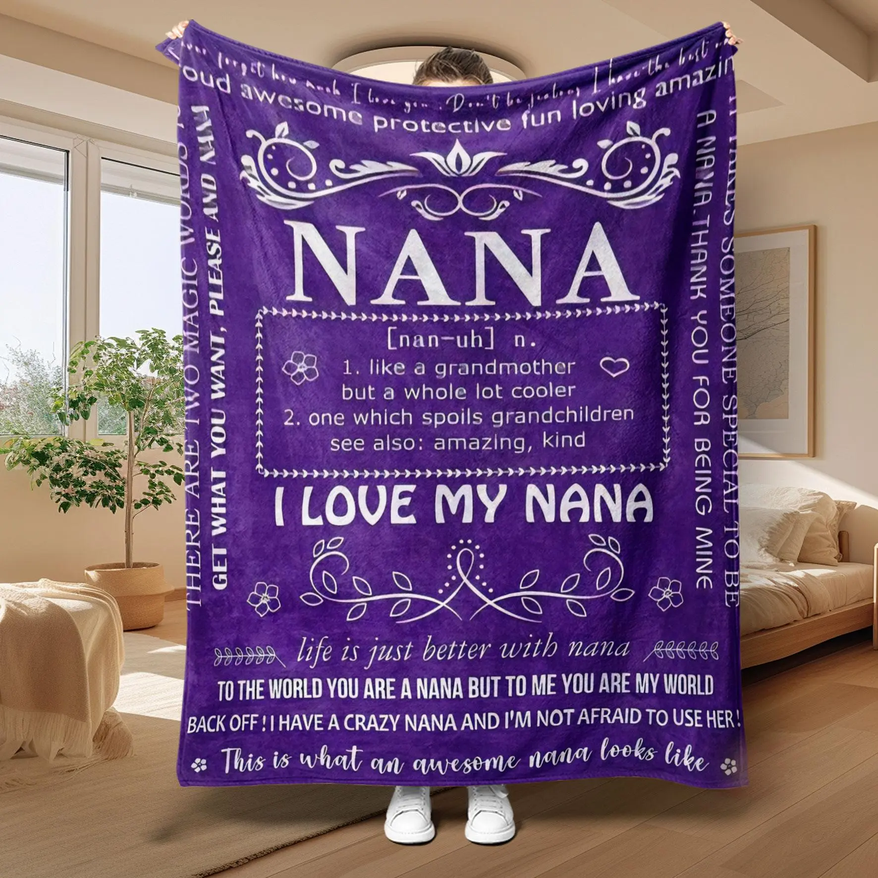 Nana Grandmother Theme Flannel Blanket, Large Size, Soft and Lightweight, Perfect for All Seasons, Ideal for Bed, Sofa, Office, Camping, Travel