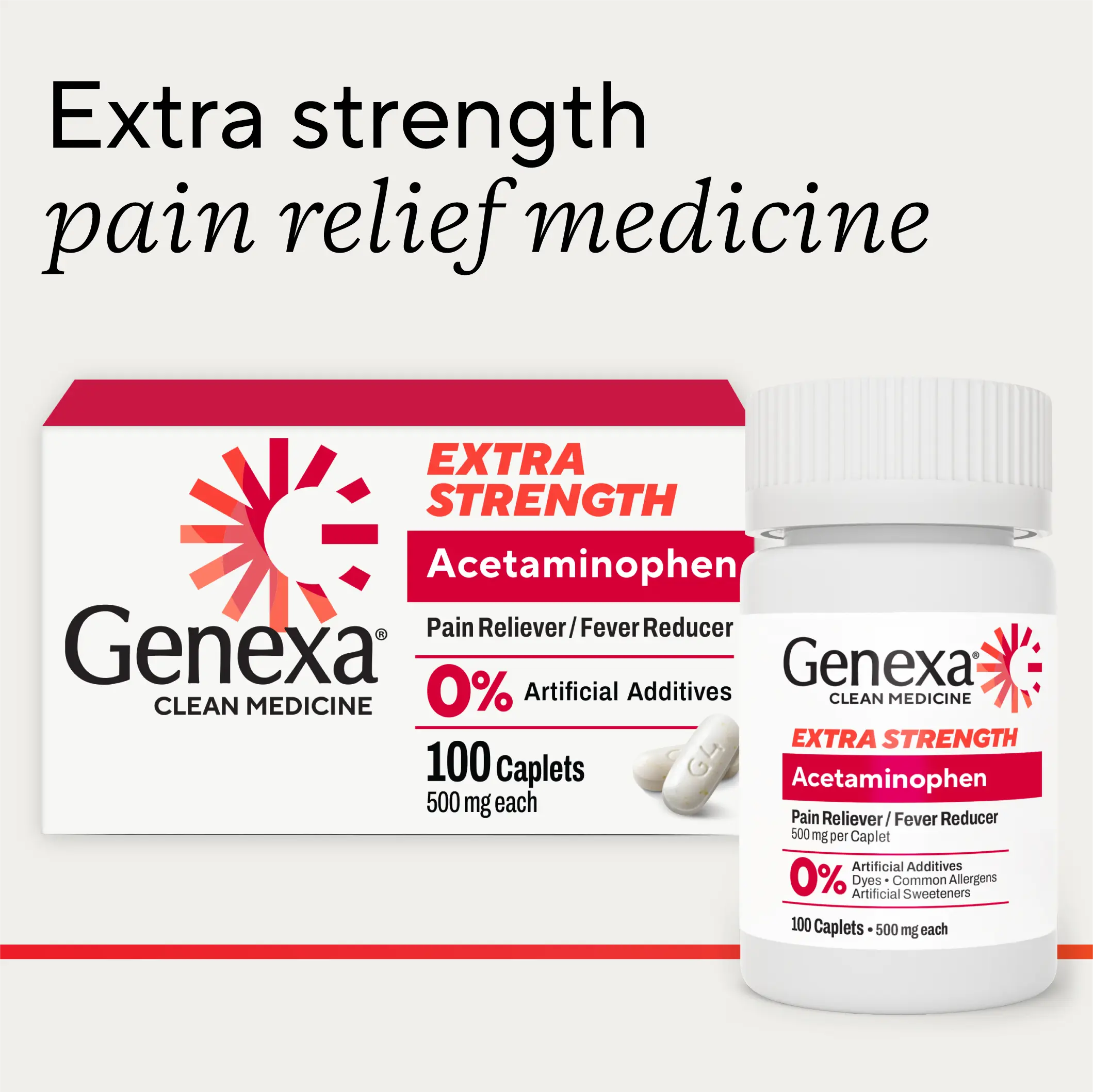 Genexa Clean Acetaminophen 500mg Extra Strength, Dye Free Pain Reliever Fever Reducer, 0% Artificial Additives, Pain Medicine for Adults, Relieves Headache, Backache, Minor Arthritis Pain, 100 Tablets