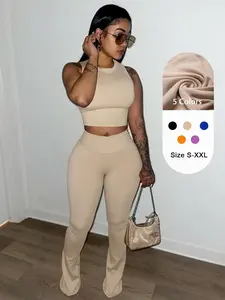 USBoutiqueCHIC Women‘s Ribbed Long-Sleeve Top & Lounge Pants Set | 250GSM Knit Two-Piece Outfit, Comfortable Fall Winter Wear