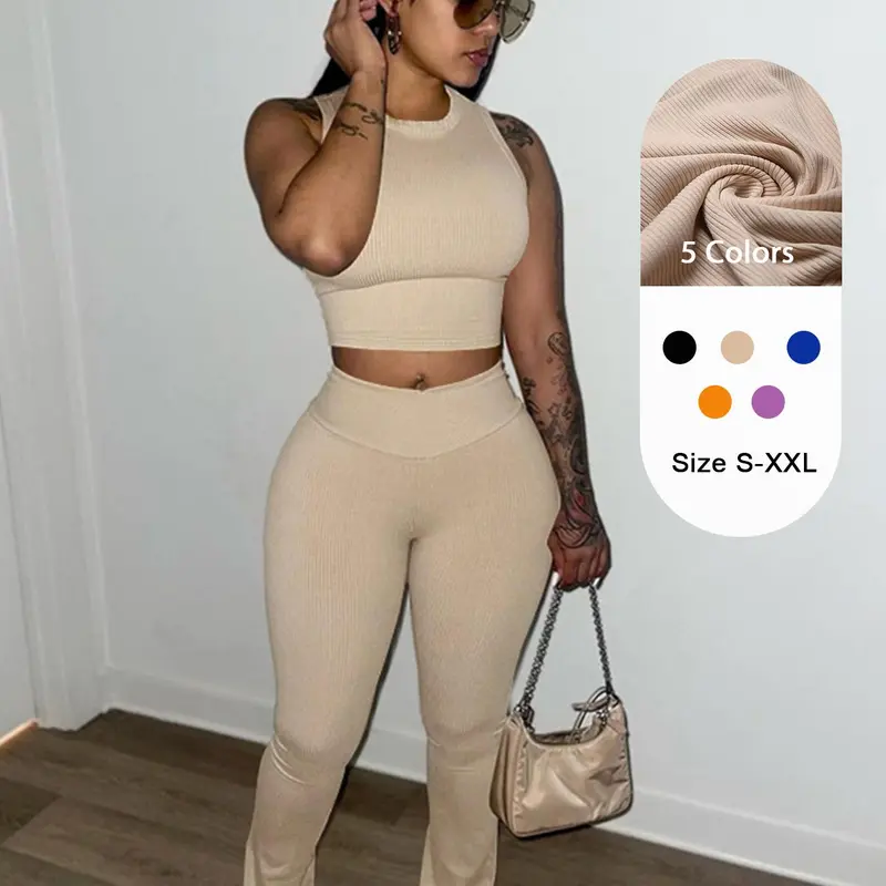 USBoutiqueCHIC Women‘s Ribbed Long-Sleeve Top & Lounge Pants Set | 250GSM Knit Two-Piece Outfit, Comfortable Fall Winter Wear