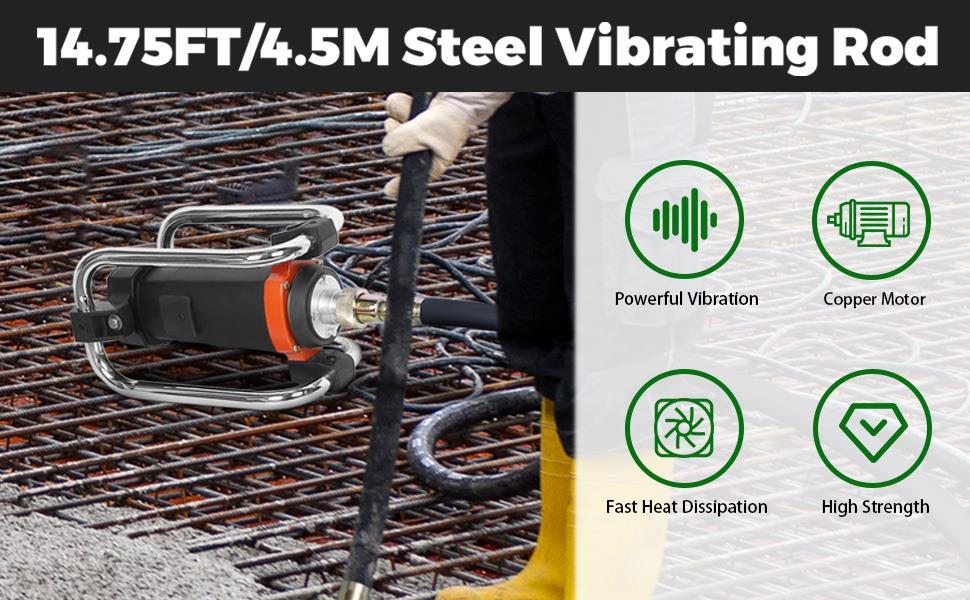Electric Concrete Vibrating, 1500W 18000 VPM, 2HP Copper Motor Handheld Concrete Vibrating,Portable Power Concrete Vibrating with Shaft of 14.75ft / 4.5m, Remove Air Bubble and Level Concrete