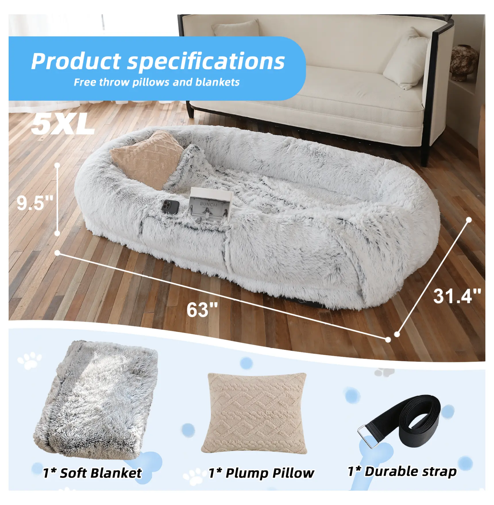 Human Dog Bed Large 71x45x12in, Washable Faux Fur Bed for Adults & Pets, Orthopedic Napping Bed with Pillow & Blanket, Cozy Lounger