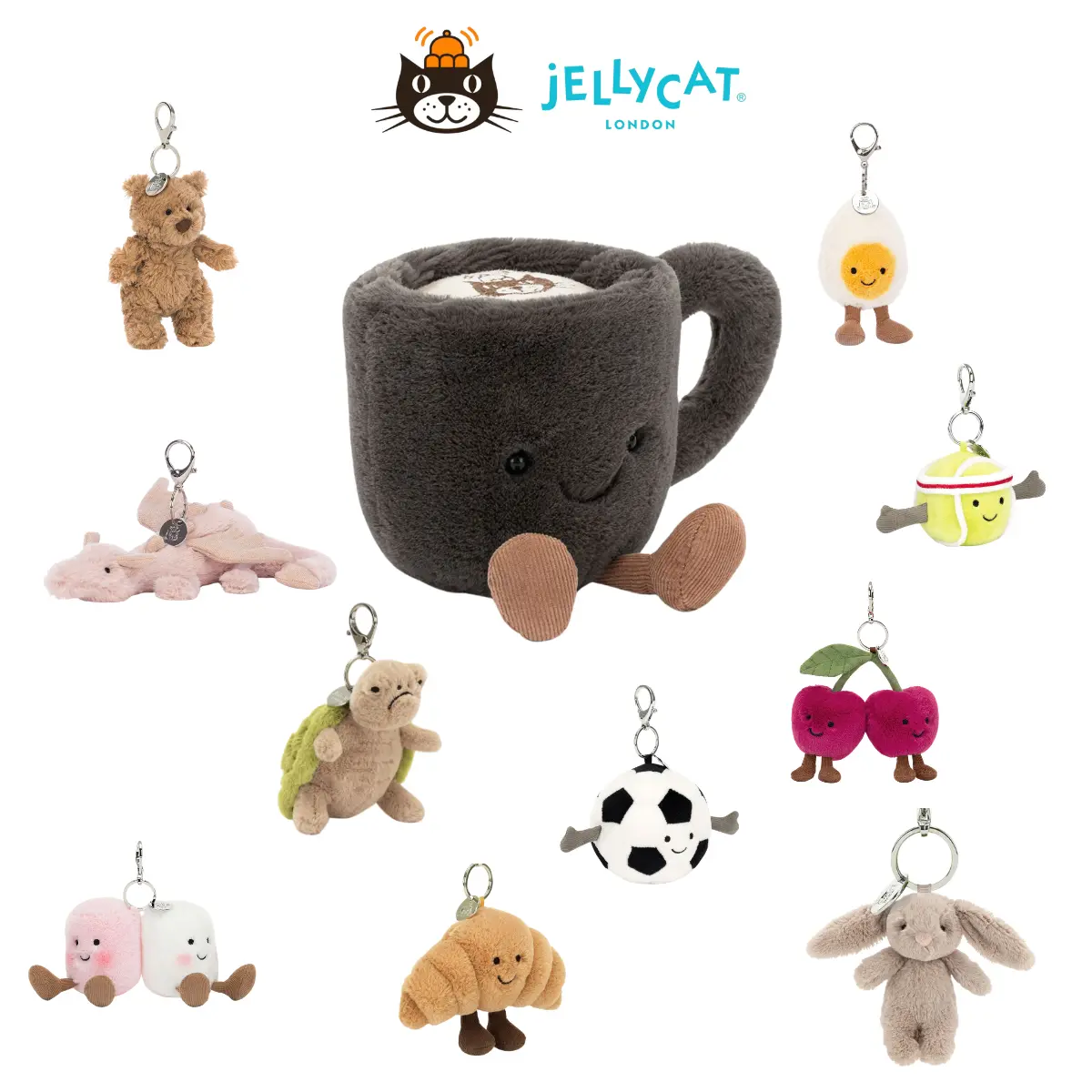 Jellycat Amuseable Coffee Cup Plush Keychain Bag Charm, Viral Croissant, Cherry, Egg & Cute Animal Backpack Accessories