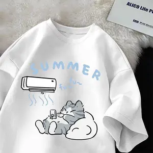 Cartoon Cute Cat Graphic Tees Women's Casual Crew Shoulder Short Sleeve T-shirt Summer Loose