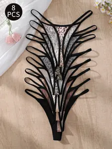 3/5/6/8/10Pcs Sexy Hipster Fashion Leopard Print Mesh Thongs, Drop-Waist Drop Waist, Fitted Style, All Seasons, Women's Underwear