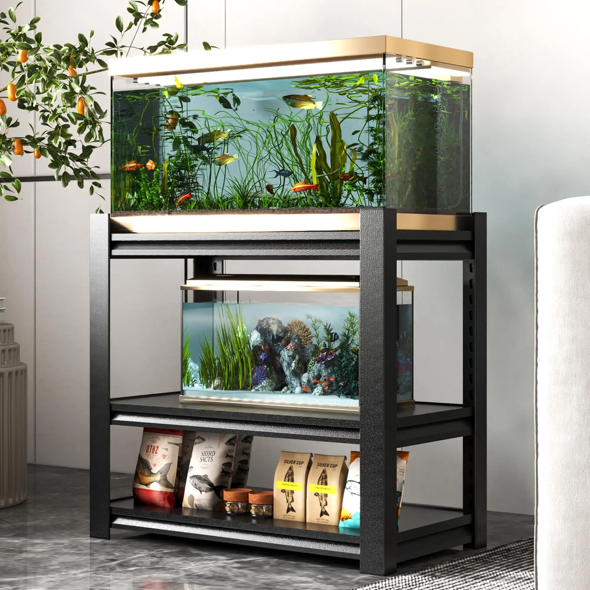Adjustable 3-Tier Aquarium Stand – Shelf Heights Adjustable Up/Down 3 Inches. Store Fish Food, Nets, Books or Plants. 34"W x 18"D x 31.5"H. Tank Not Included