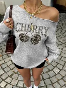 Women's Off-Shoulder Letter Print Hoodie Sweatshirt, Casual Fitted Design, All Season Wear, Street Style Fashion Streetwear, Leopard & Cherry Patterns, Pullover