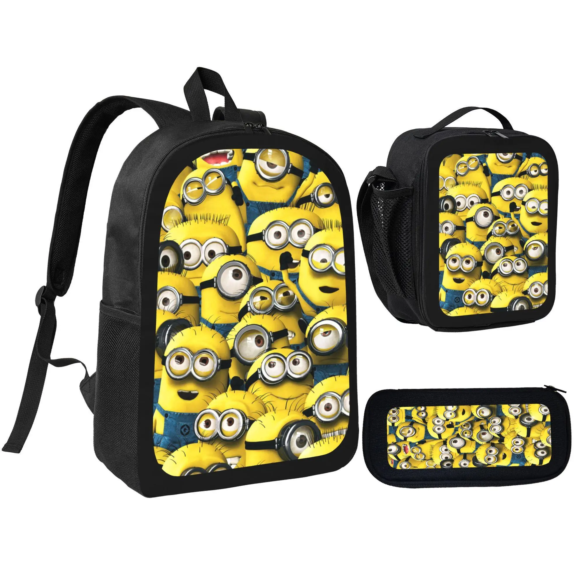 [3Pcs Backpack Set] Cute Yellow Minions Cartoon Pattern With Lunch Bag Pencil Pouch School Bag For Kids Boys Girls Students