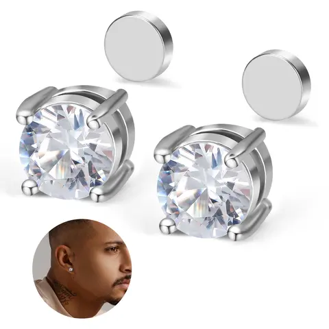No-Piercing Helix Magnetic Earrings Set - 2-Pair Style Mix, 1-Pair No-Hole Button Earrings, Silver Lab-Created Cubic Zirconia Faux Diamond Accents, Costume Jewelry for Non-Pierced Ears