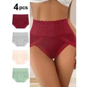 QUASTI 4 PCS High Waist Skin-friendly Basic Lace Briefs, Colorful Breathable Breathable Soft Elegant Absorbent Lightweight Exquisite Briefs, Daily Comfort Soft Panties S-XXL