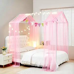 House Bed Canopy Bed Curtains with Lights,Montessori Floor Bed Canopy for Girls Boys,Four Poster Bed Curtains House Bed Decoration (/ XL, )