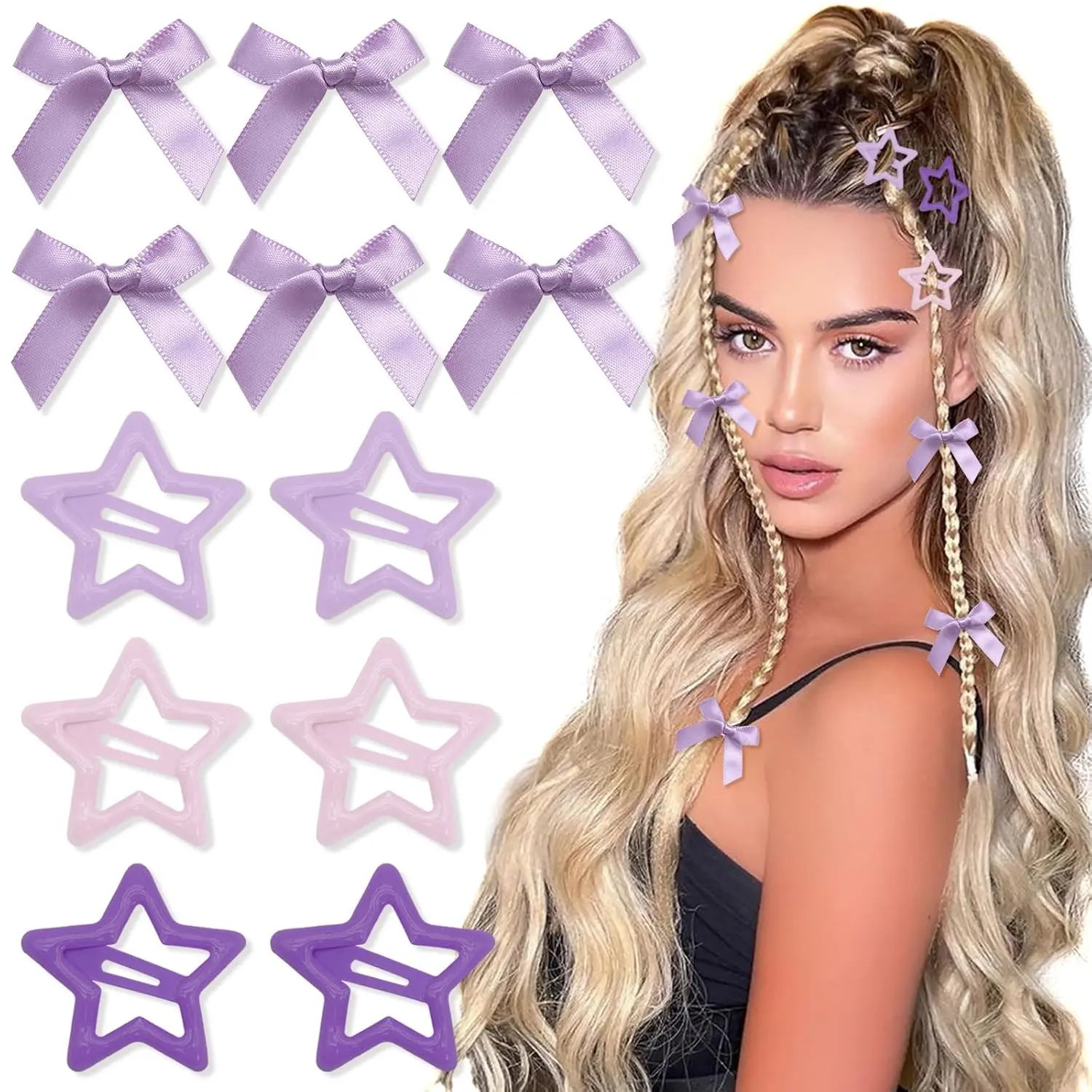 Purple 12PCS Star and Bow Hair Clips Set - Hair Accessories for Women and Girls, Ideal for Y2K. YAEISM