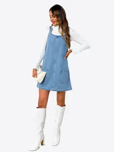 Women's Sleeveless Casual Denim Dress Crewneck Vintage Loose Jean Overall Dress with Pockets Above The Knee Summer Style