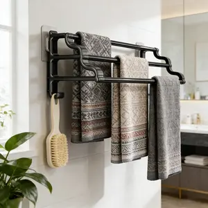 Modern Simple Three-Tier No-Drill Towel Rack, Multi-Functional Bathroom Storage Holder, Foldable Design Saves Space, with Hooks