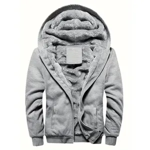 Men'S Hooded Fleece-Lined Sweatshirt, Polyester Sports Style, Solid Color, Long Sleeve, Regular Fit, Slight Stretch Knit Fabric, with Full Zip, for Winter Warm Jacket